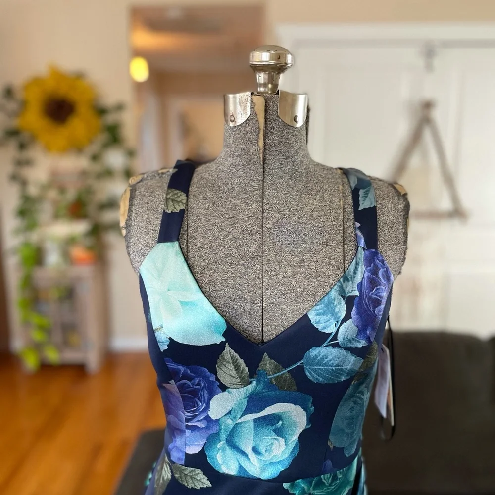 NWT FLORAL PRINT COCKTAIL FITTED BLUE TEAL & NAVY GREAT WEDDING GUEST DRESS - Picture 3 of 9
